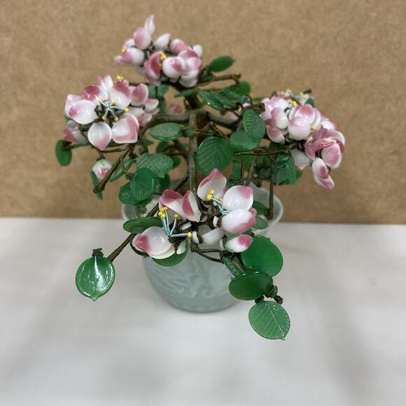 Vtg Chinese Bonsai Flower Tree Celadon Pot Cherry Blossom Home Decor - Picture 2 of 9